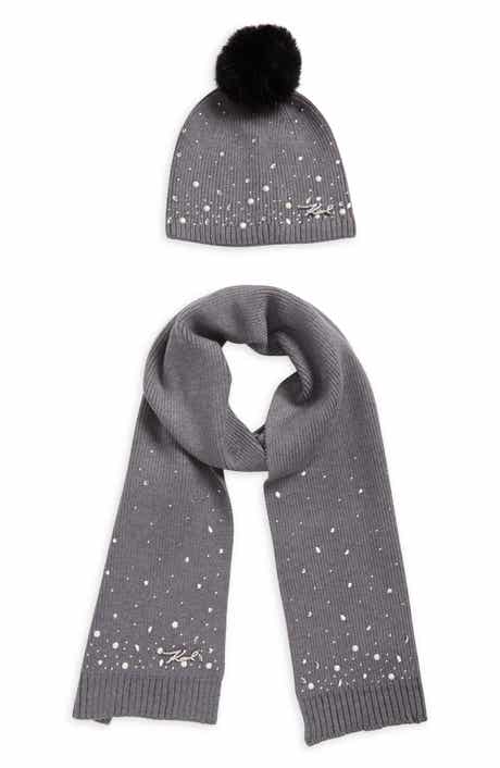 KARL LAGERFELD PARIS Scattered Crystal Faux Fur Pompom Beanie & Scarf Set