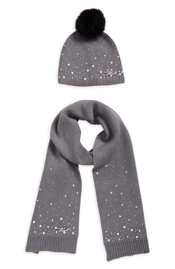 Karl Lagerfeld Paris Scattered Crystal Faux Fur Pompom Beanie & Scarf Set