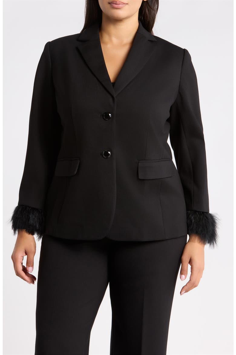 Faux Feather Cuff Two-Button Blazer, Main, color, ANNE BLACK