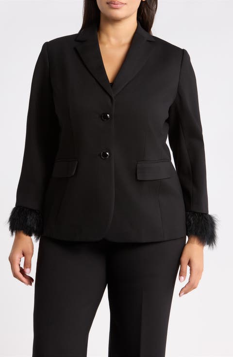 Faux Feather Cuff Two-Button Blazer