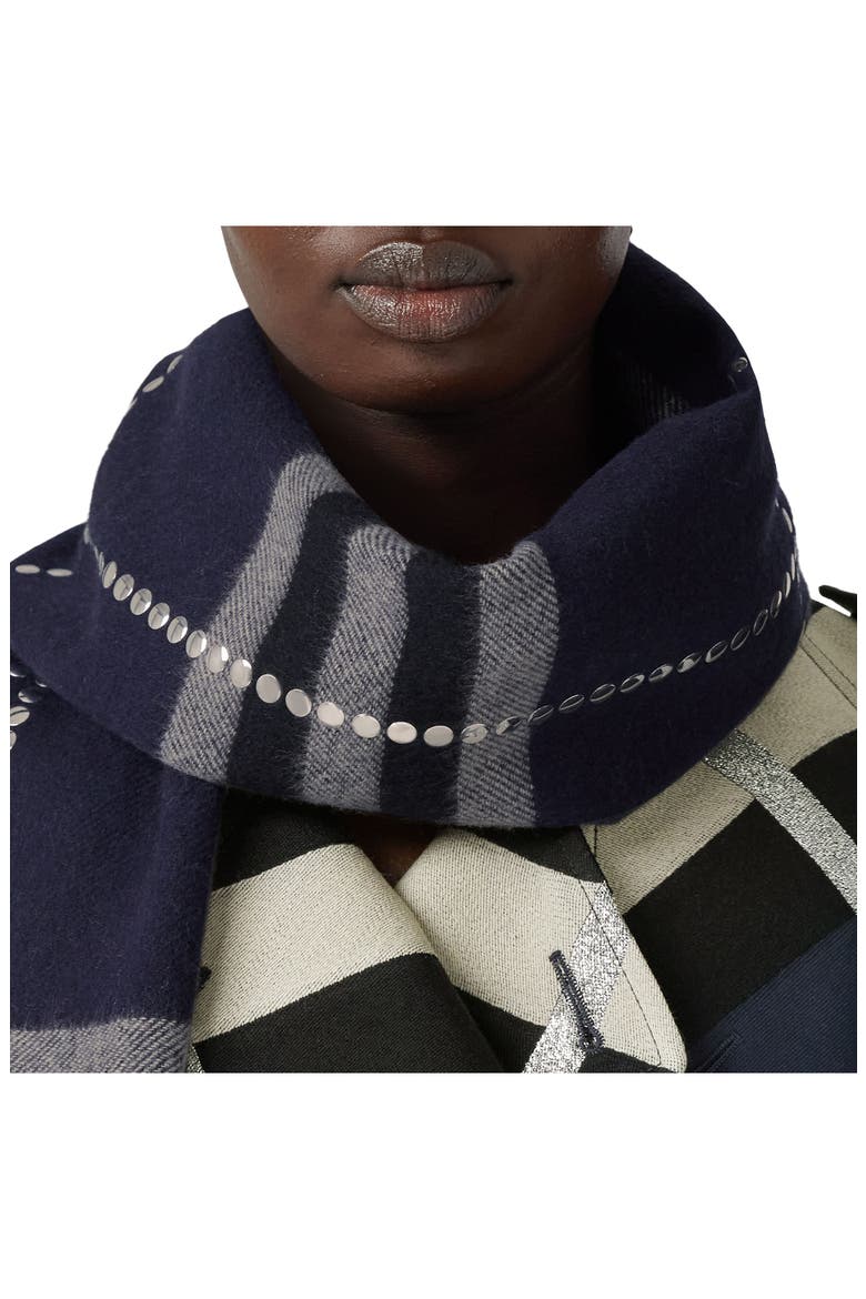 Giant Check Stud Embellished Cashmere Fringe Scarf, Alternate, color, DARK CHARCOAL BLUE