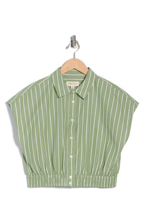 Stripe Cap Sleeve Crop Button-Up Shirt