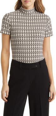 Anne Klein Geo Print Short Sleeve Mock Neck Top