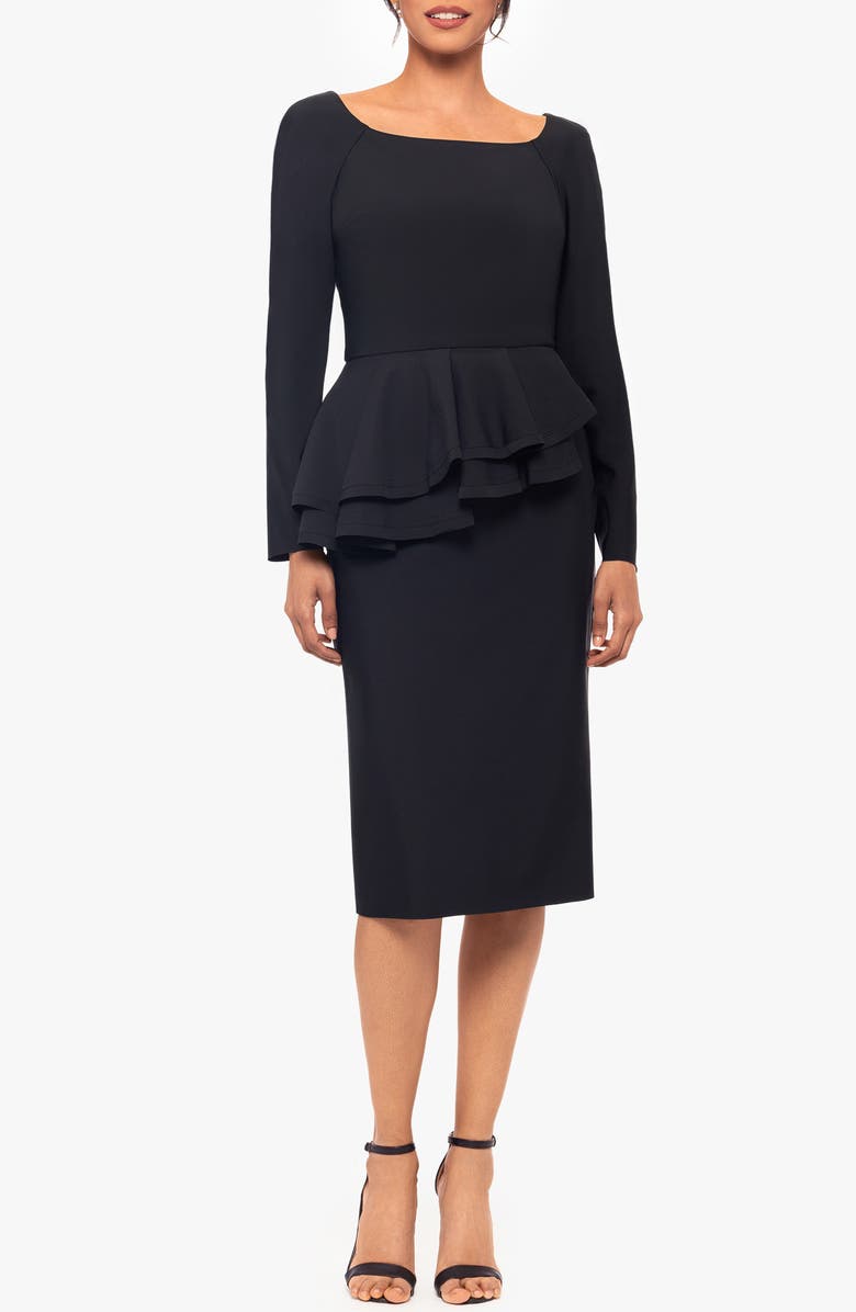 Betsy & Adam Long Sleeve Peplum Cocktail Dress, Main, color, Black