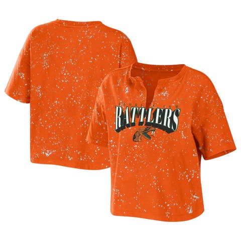 Women's WEAR by Erin Andrews Orange Florida A&M Rattlers Bleach Wash Splatter Cropped Notch Neck T-Shirt