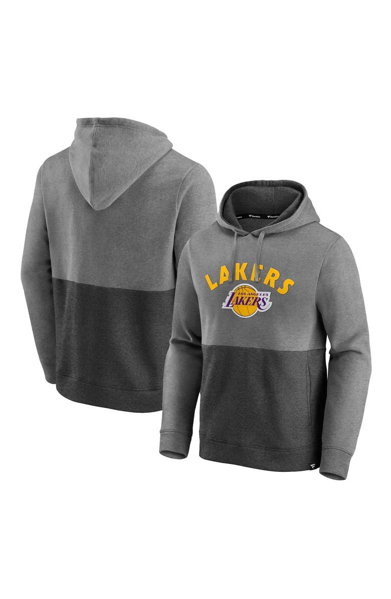 FANATICS Men's Fanatics Branded Heathered Charcoal/Black Los Angeles Lakers Block Party Applique Color Block Pullover Hoodie, Alternate, color, 