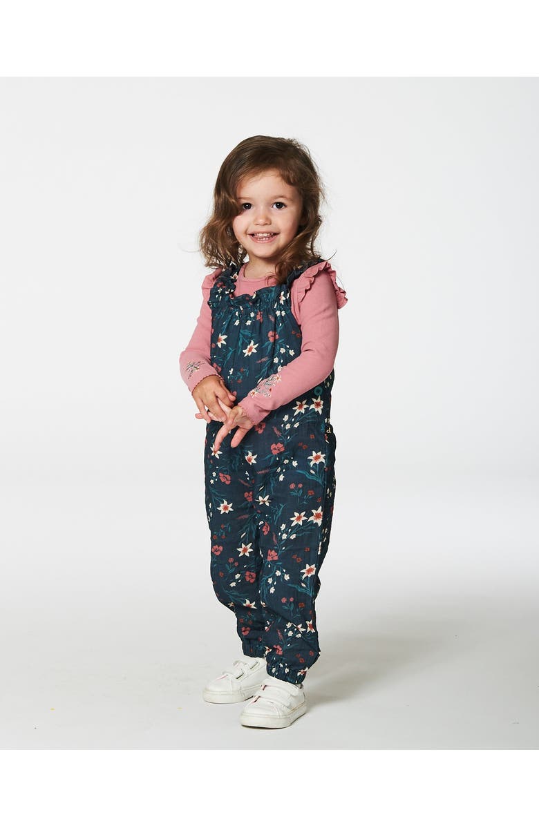 Deux par Deux Little Girl's Printed Muslin Overall Teal With Flowers, Alternate, color, 