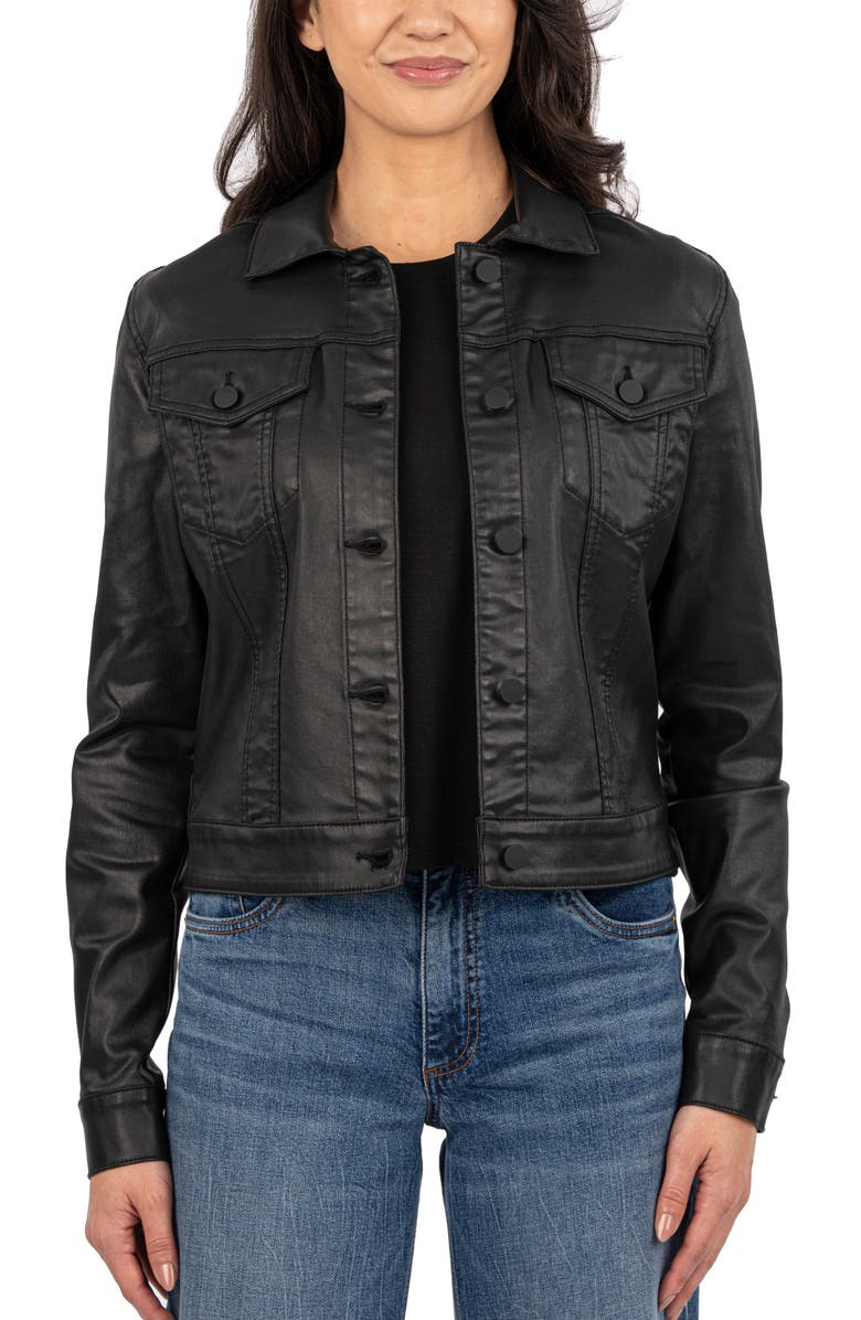 KUT from the Kloth Julia Coated Crop Denim Trucker Jacket, Main, color, Black Jm