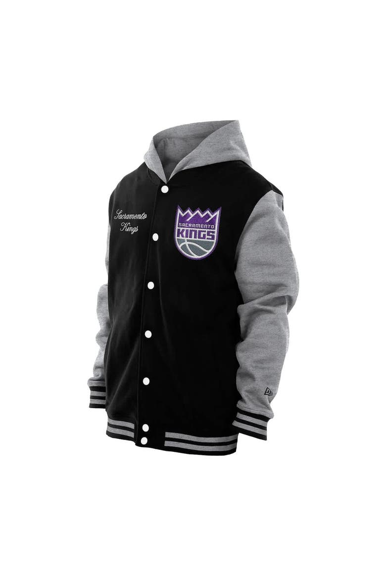 Men's New Era  Black Sacramento Kings Throwback Prep Chenille Full-Snap Hooded Varsity Jacket, Alternate, color, Black