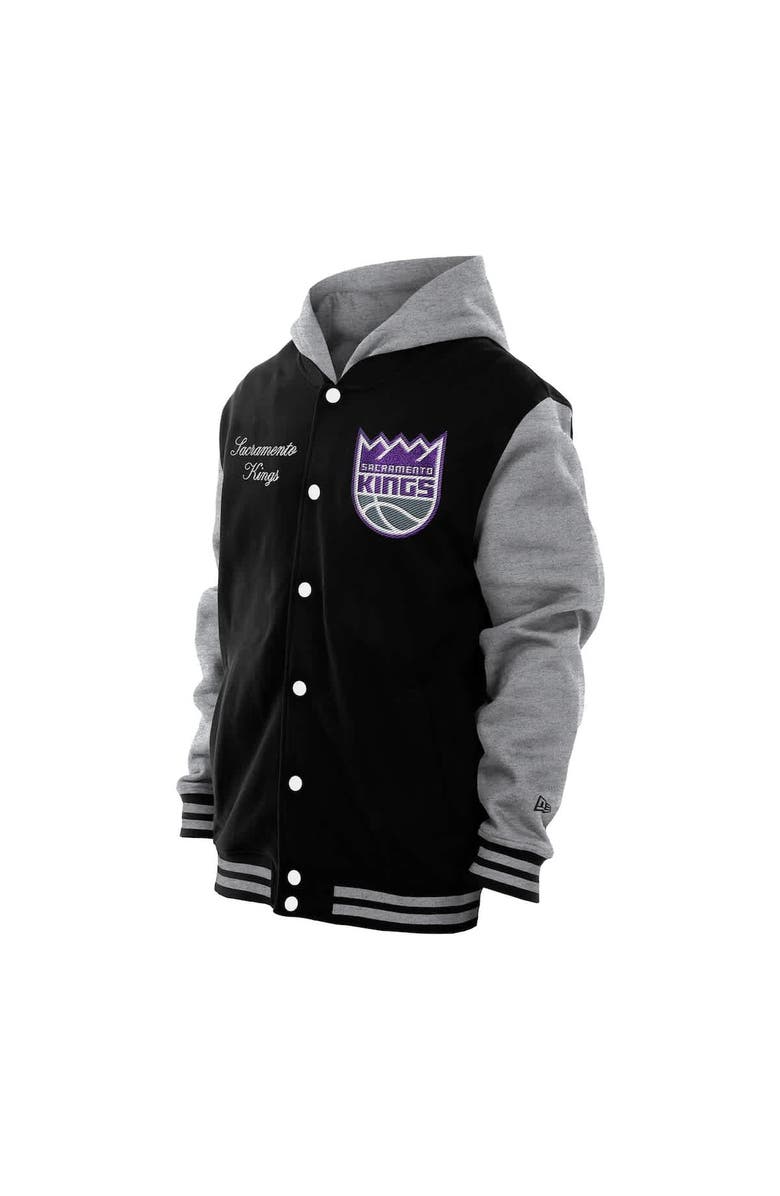 New Era Men's New Era Black Sacramento Kings Throwback Prep Chenille Full-Snap Hooded Varsity Jacket, Alternate, color, Black