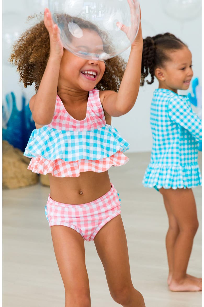 Seaside Gingham Two-Piece Swimsuit & Headband Set, Alternate, color, ORANGE