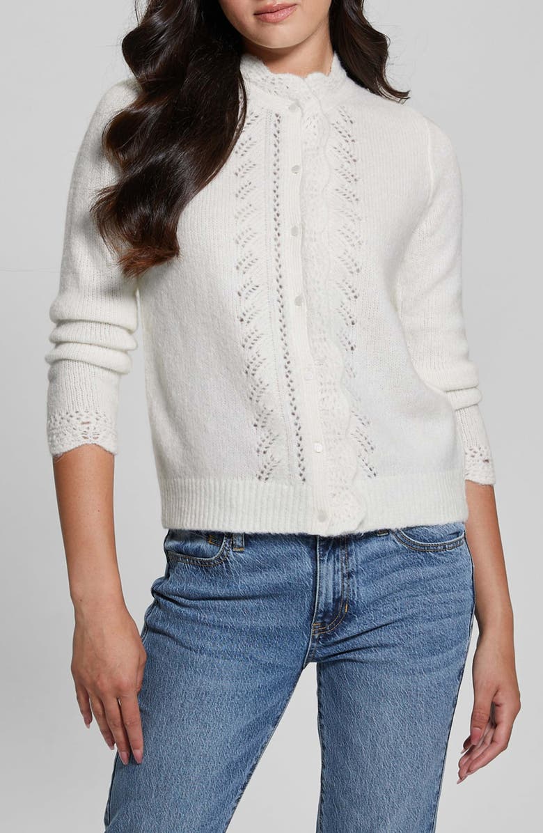 GUESS Macie Pointelle Detail Cardigan, Main, color, Dove White