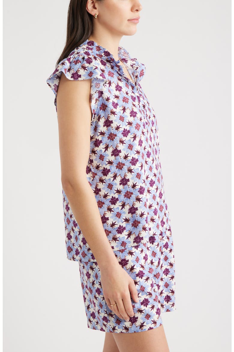 Flutter Sleeve Print Popover Top, Alternate, color, IVORY- PURPLE MILLIE TILE
