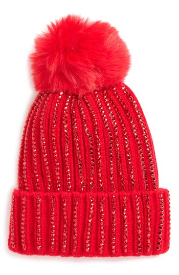 Natasha Faux Fur Pompom & Stone Beanie In Red
