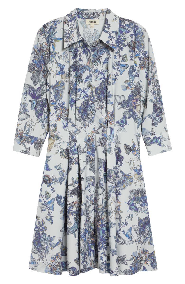 L'AGENCE Journi Pleated Long Sleeve Shirtdress, Main, color, Grey Multi Watercolr Butterfly