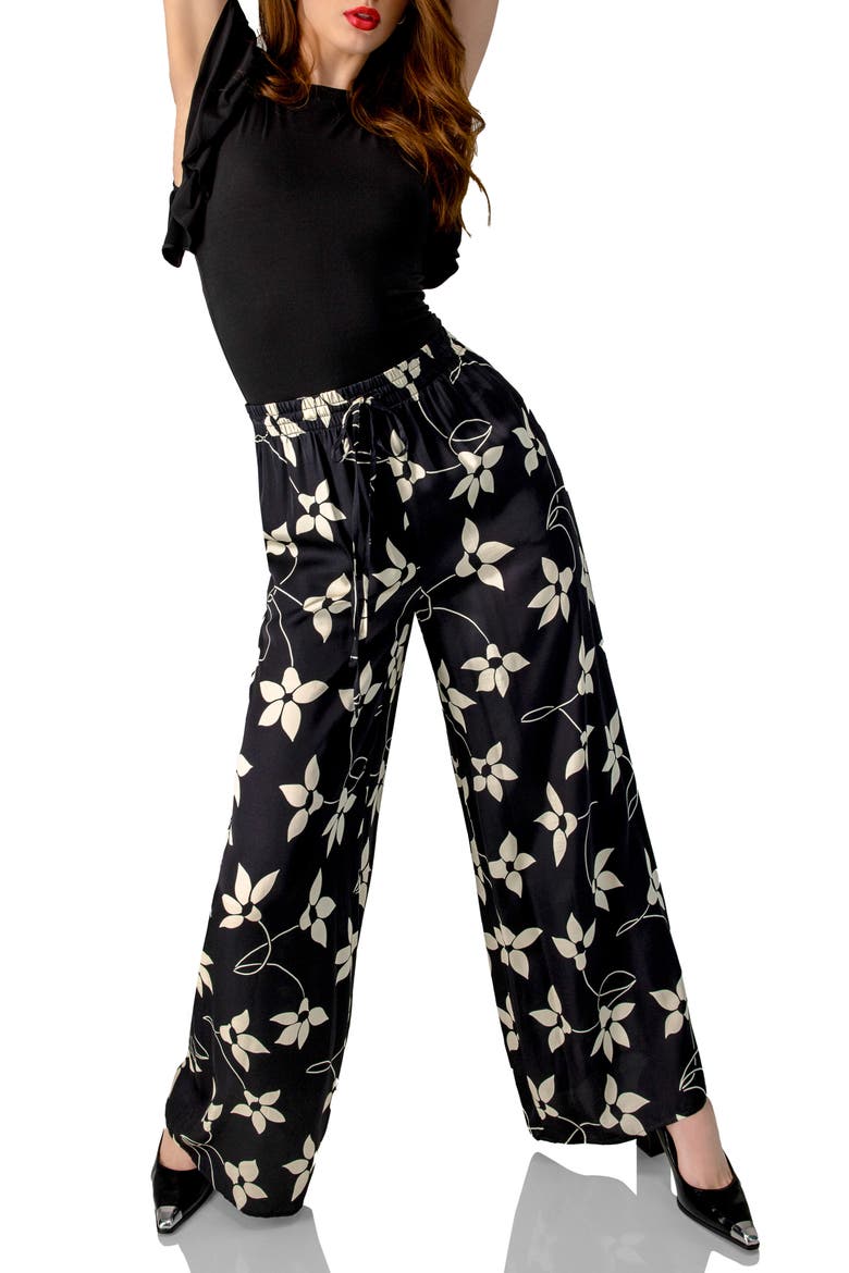 Wide-Leg Floral Print Pants with Pockets, Alternate, color, Black
