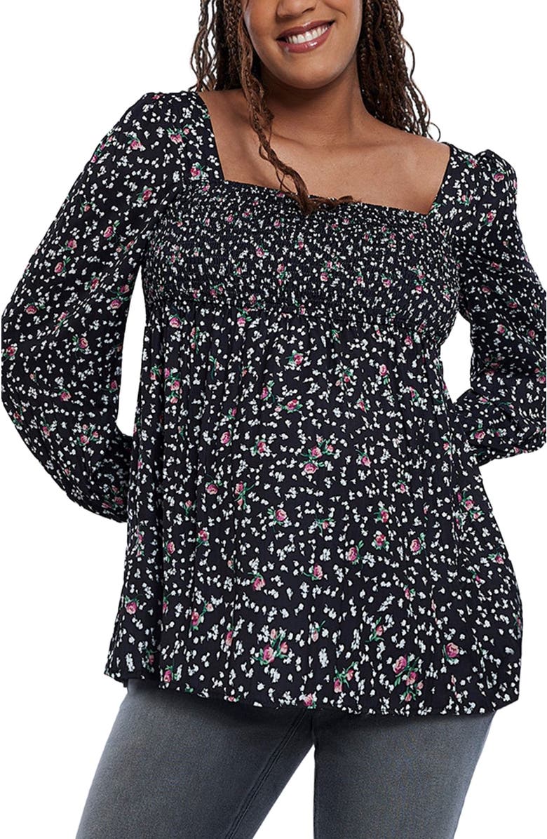 MOTHERHOOD MATERNITY Smocked Square Neck Long Sleeve Babydoll Maternity Top, Main, color, Black Ditsy