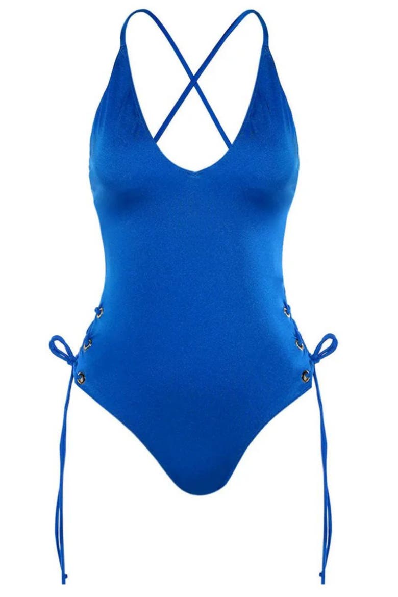 Ibiza Plunging V Neckline With Gold Eyelets Adjustable Lace-Up One-Piece Swimsuit, Alternate, color, Blue