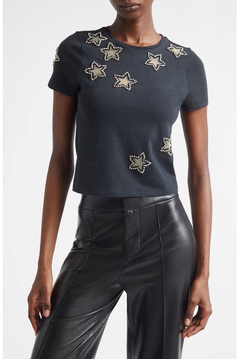 Cindy Embellished Star Cotton Crop T-Shirt, Main, color, BLACK
