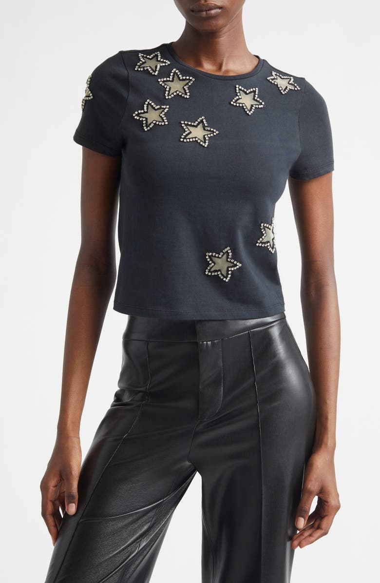 Alice + Olivia Cindy Embellished Star Cotton Crop T-Shirt, Main, color, Black