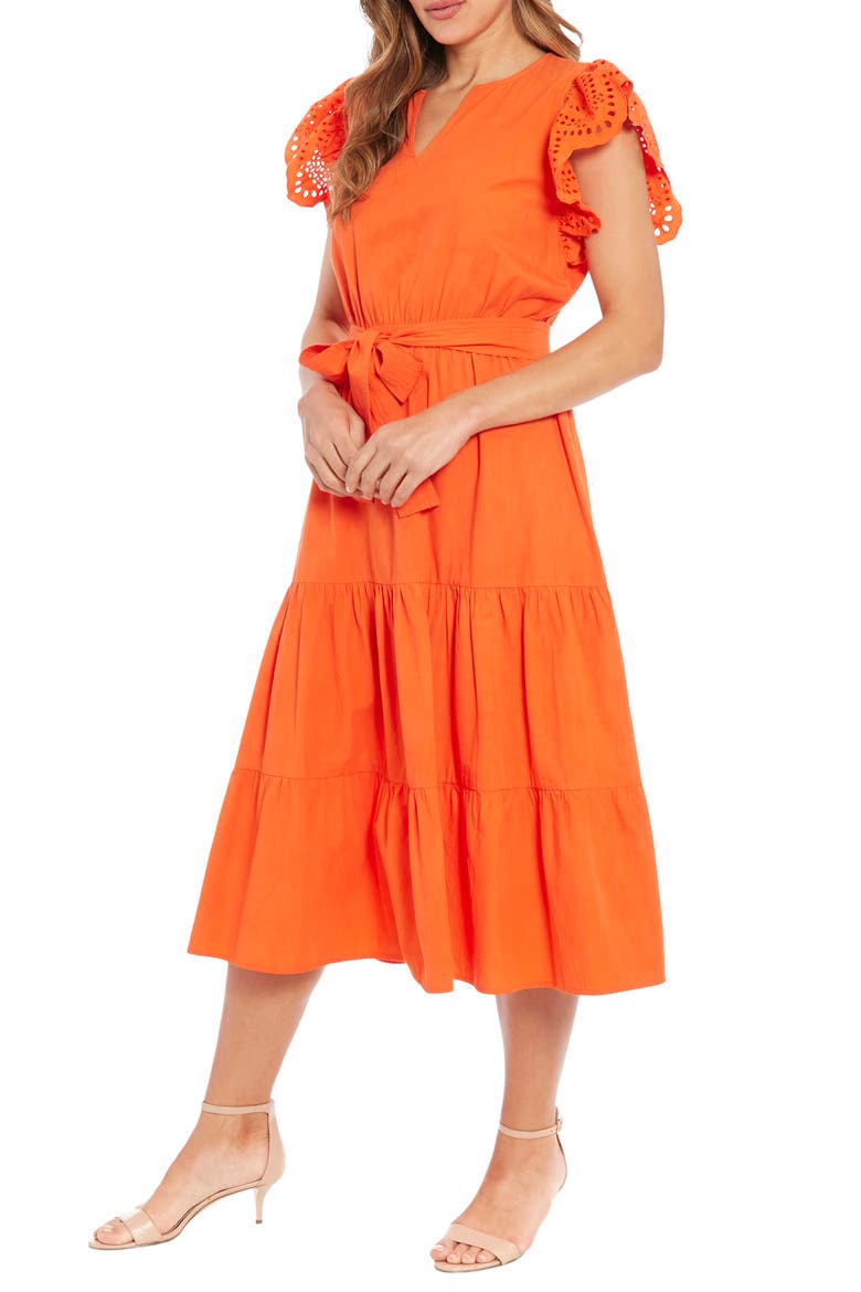 Eyelet Flutter Sleeve Tiered Midi Dress, Alternate, color, ORANGE