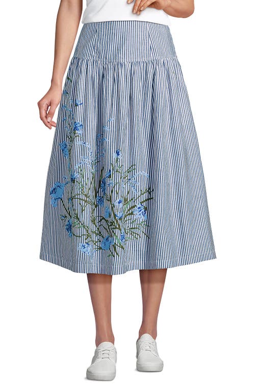 Lands' End Poplin Drop Waist Midi Skirt In Navy Striped Placed Floral