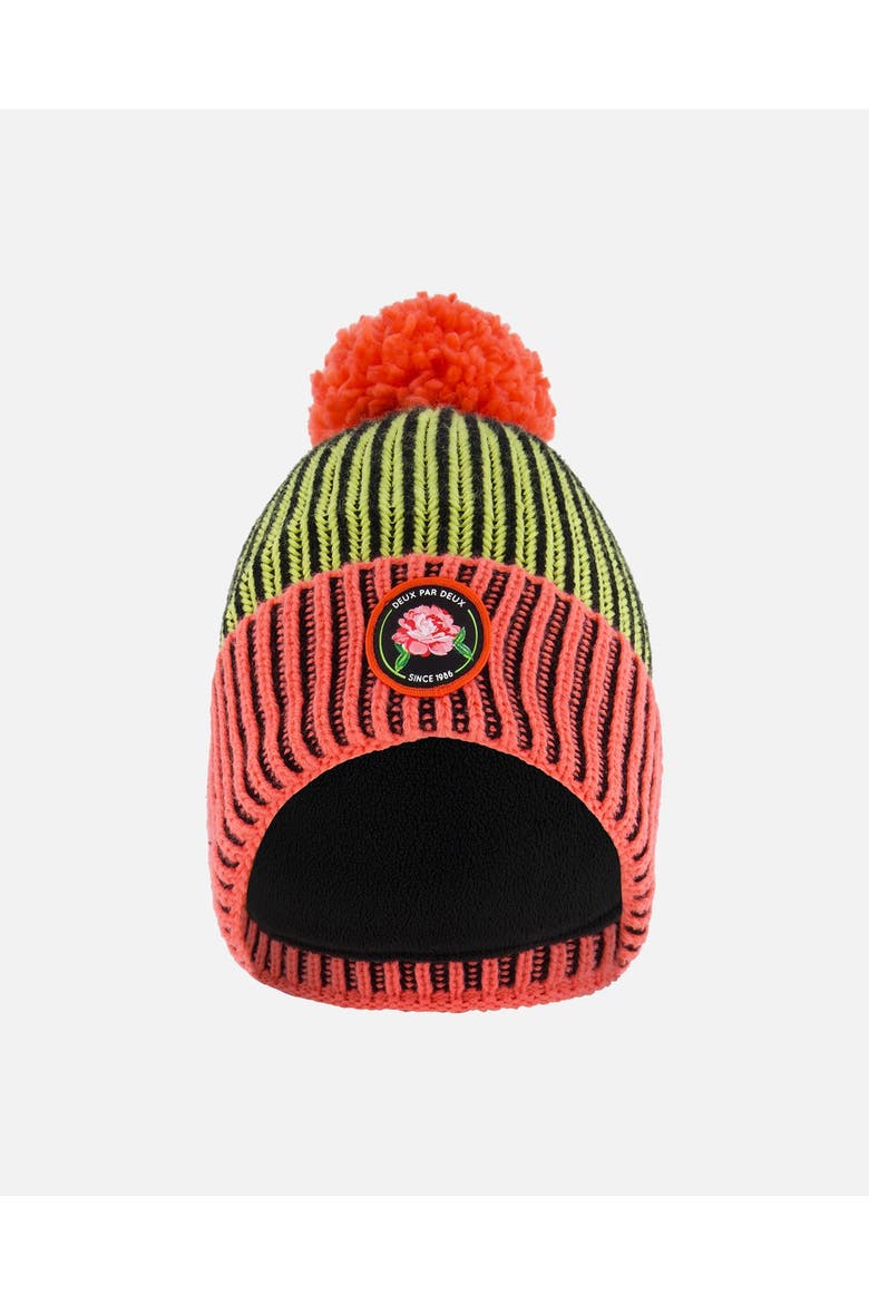 Girl's Knit Hat Black, Lime And Coral, Main, color, Vertical Stripes