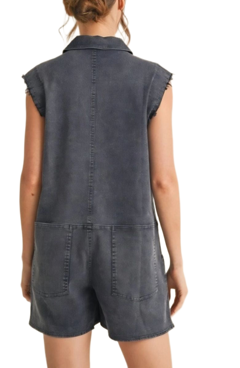 Knit and Lounge Sleeveless Pocket Detail Snap Button Denim Romper, Alternate, color, Dark Wash Denim