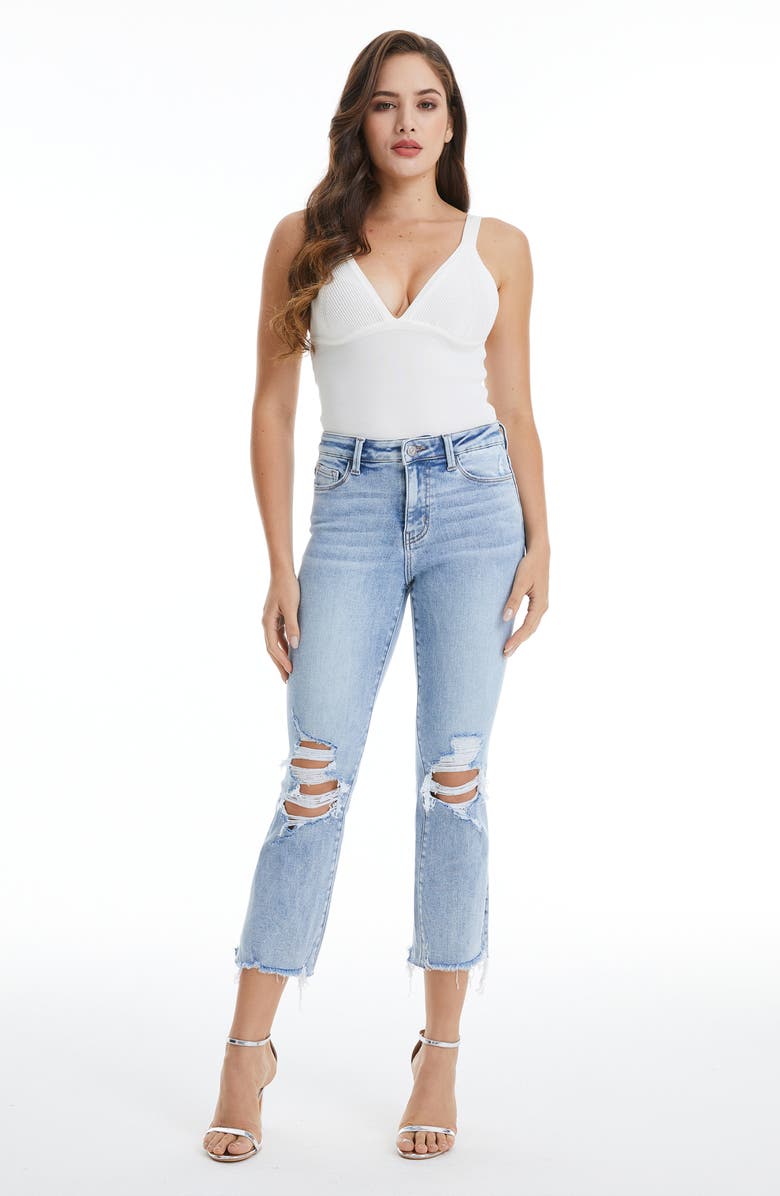 Bayeas Tina High Waist Distressed Crop Flare Jeans, Alternate, color, Light Blue