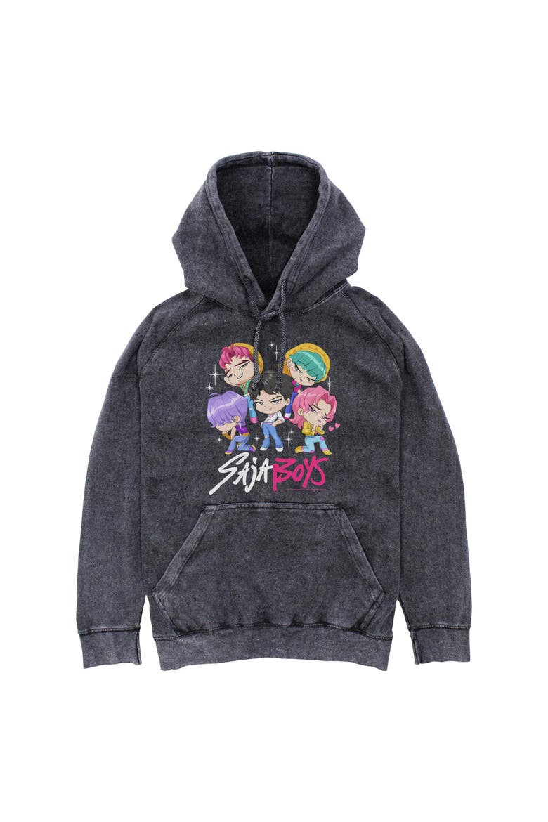 Mens KPop Demon Hunters Saja Boys Chibi Group Lightweight Hoodie, Main, color, Black