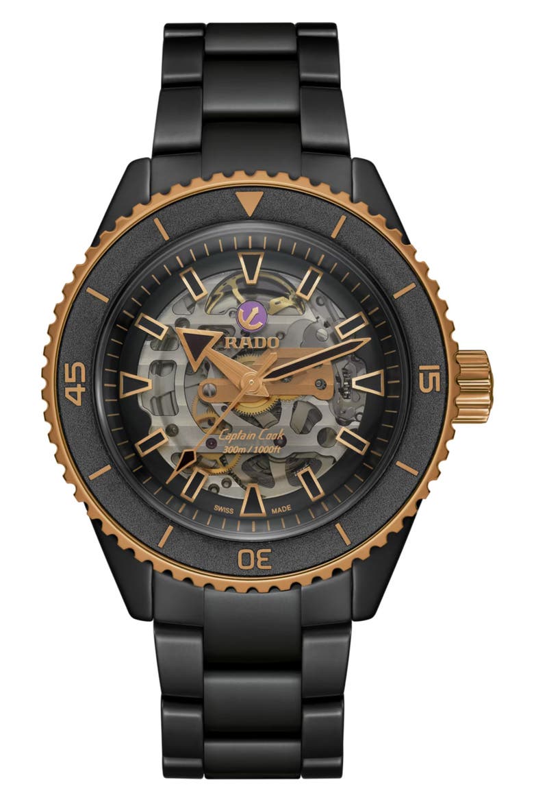 Captain Cook High Tech Ceramic Skeleton Bracelet Watch, 43mm, Main, color, BLACK