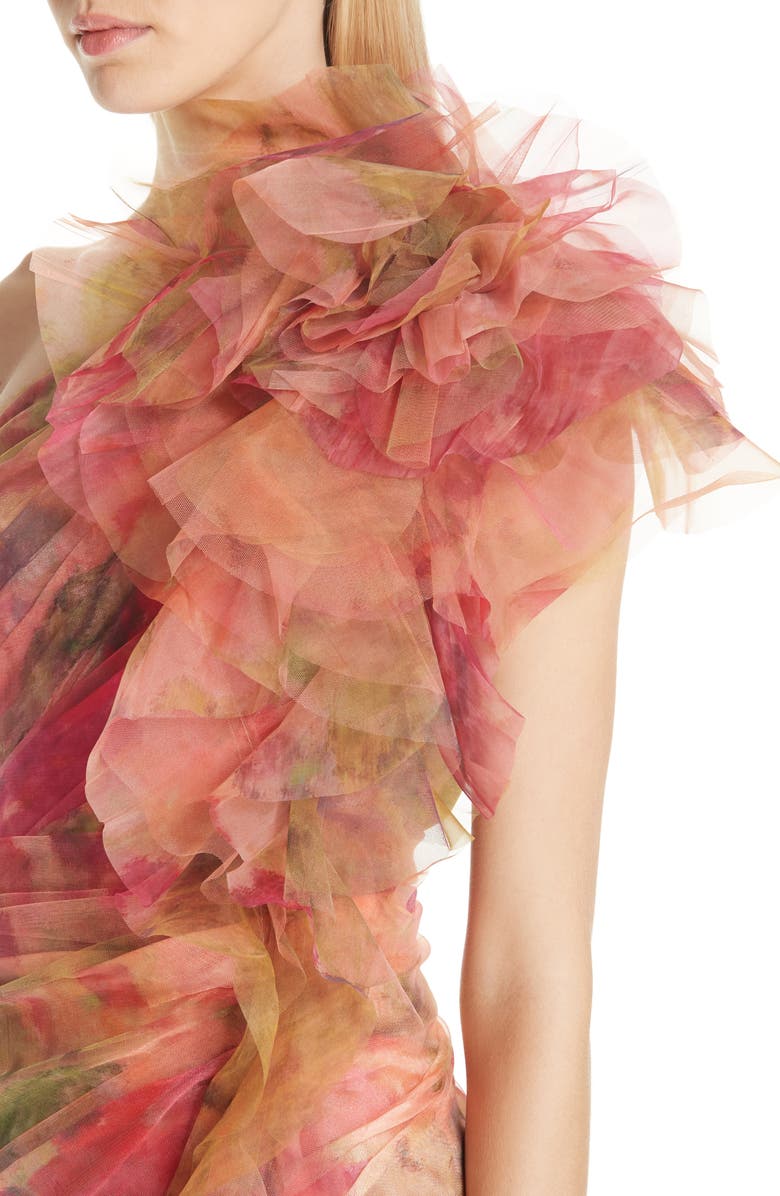 Marchesa Floral One-Shoulder Silk Evening Dress, Alternate, color,