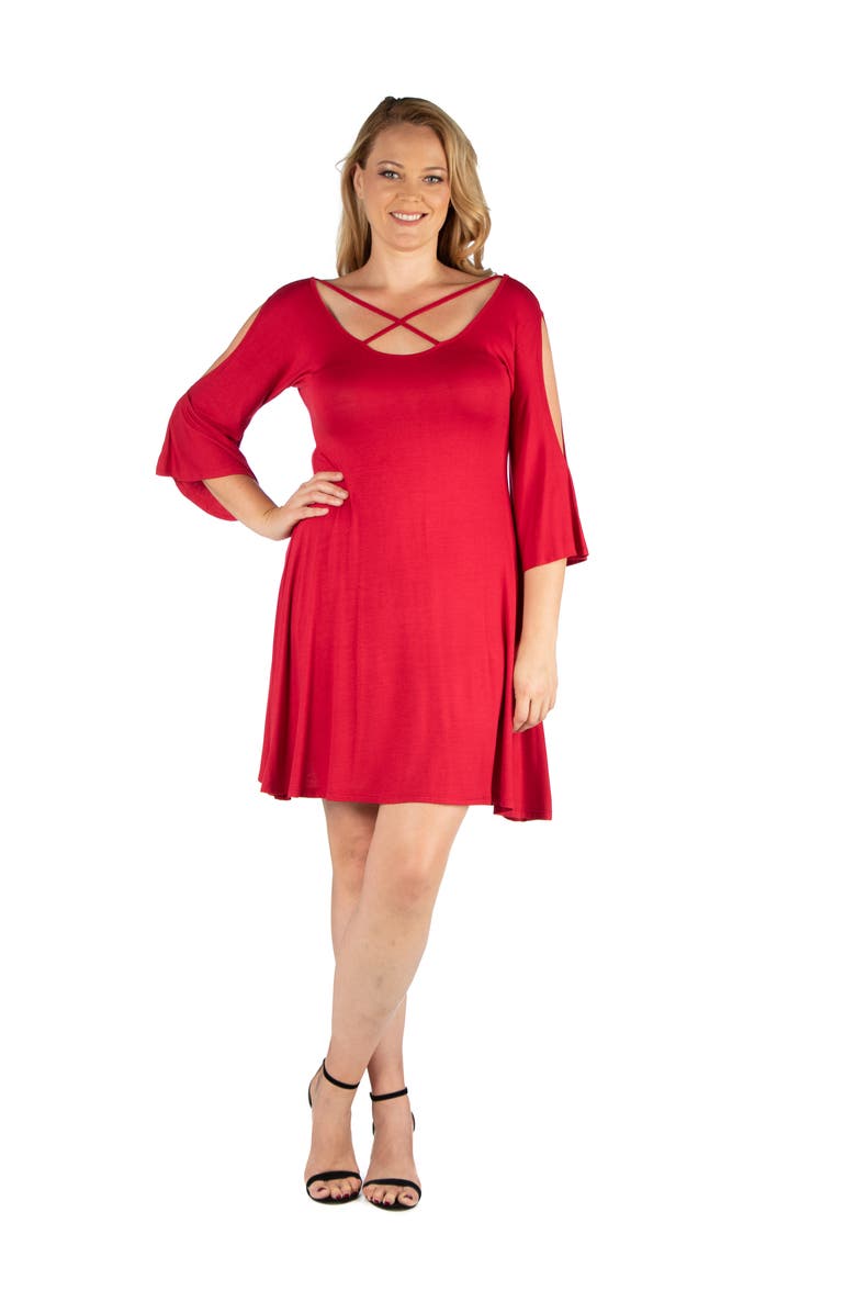 24seven Comfort Apparel Criss Cross Neckline Cold Shoulder Dress, Main, color, Red