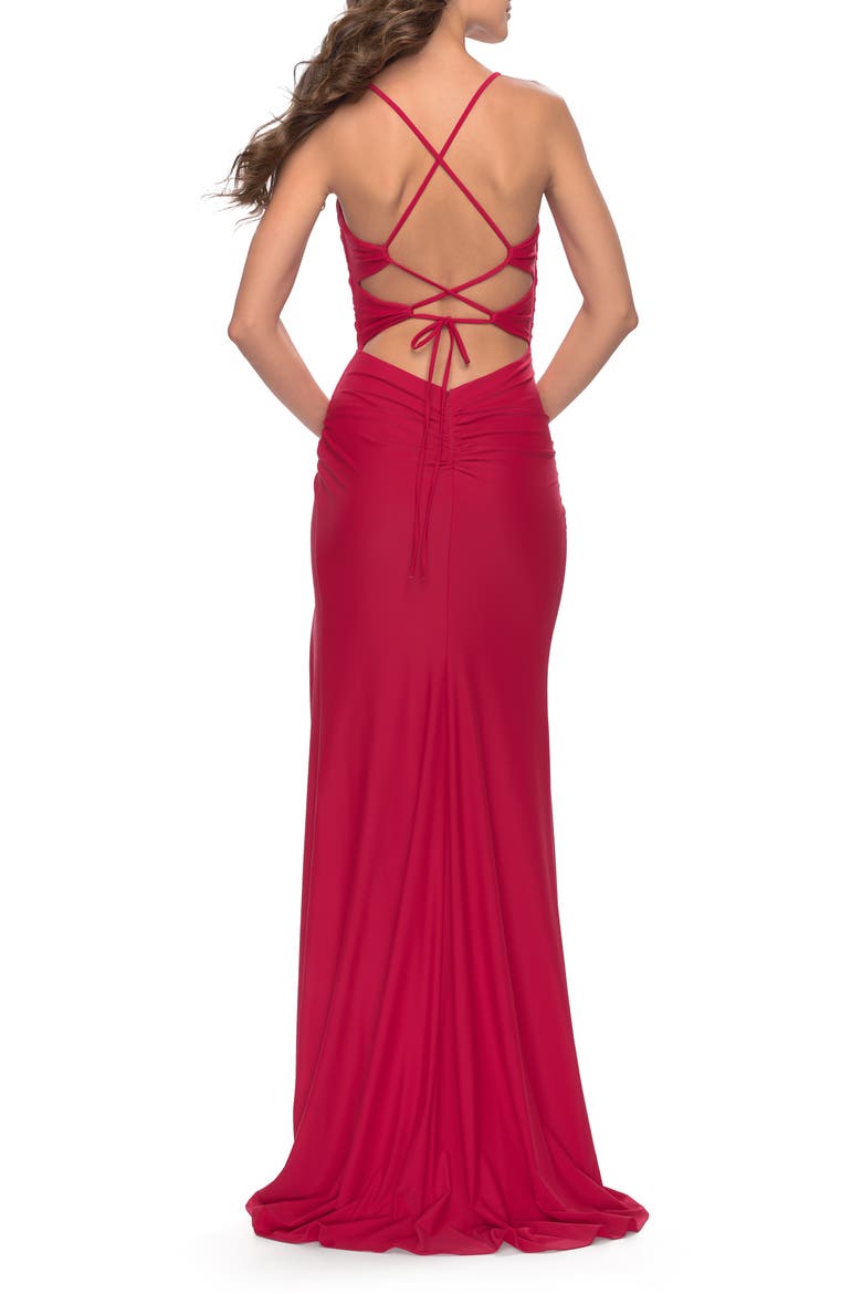 Cut Out Soft Jersey Dress with Lace Up Back, Alternate, color, Red
