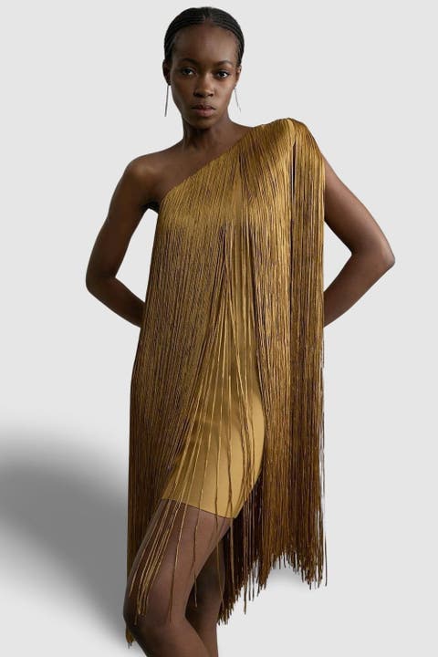 Asymmetric Draped Fringe Mini Dress