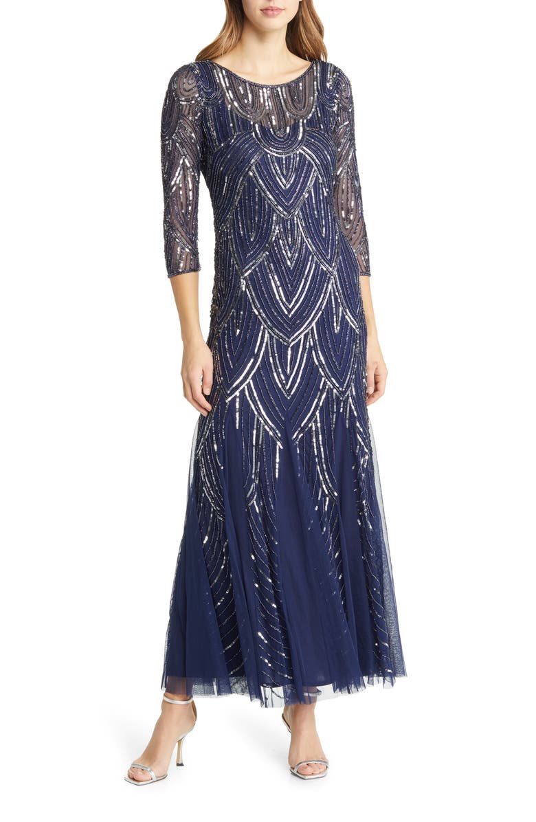 Pisarro Nights Beaded Illusion Neck Gown, Main, color, Navy