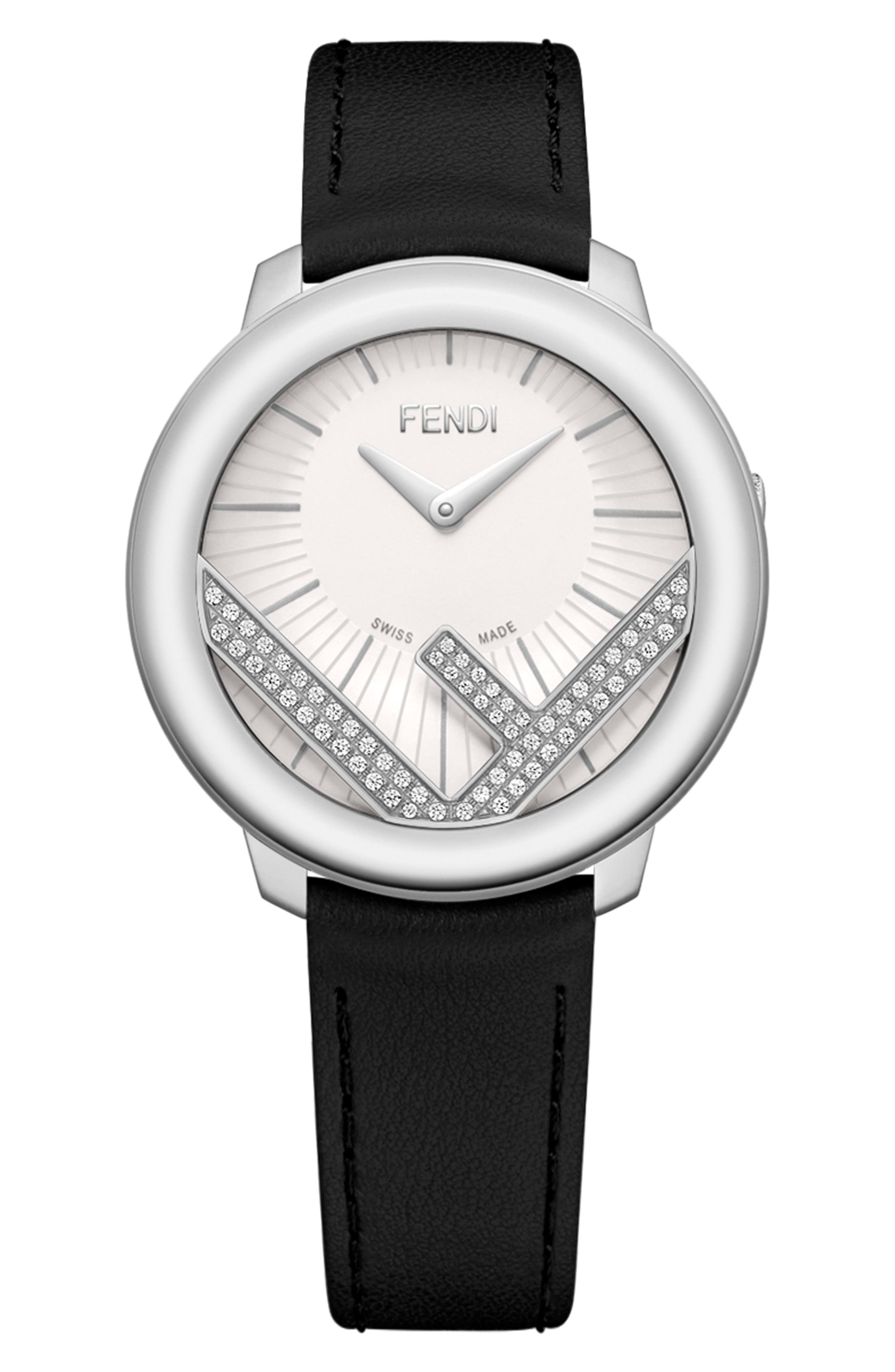 Fendi Run Away Diamond Leather Strap Watch, 36mm