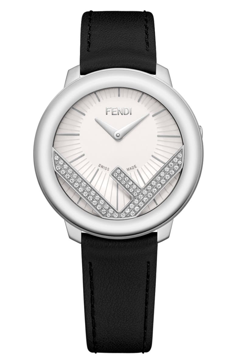 Fendi Run Away Diamond Leather Strap Watch, 36mm, Main, color, Black/ White/ Silver