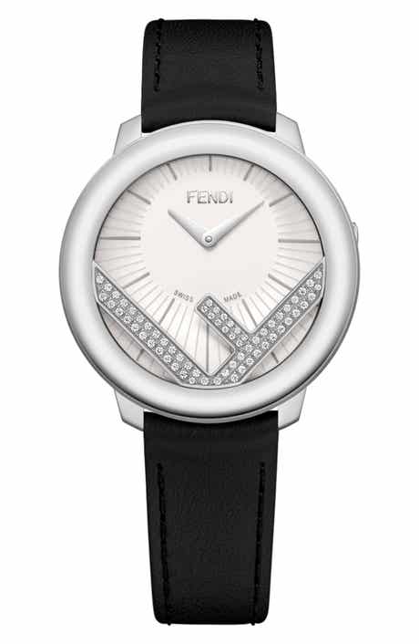 Fendi Run Away Diamond Leather Strap Watch, 36mm