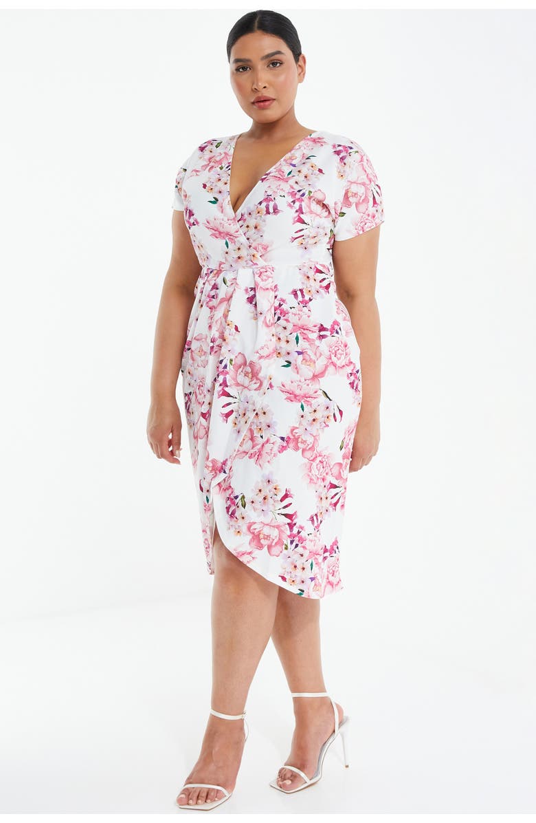 QUIZ Plus Size Floral Scuba Crepe Wrap Maxi Dress, Main, color, White
