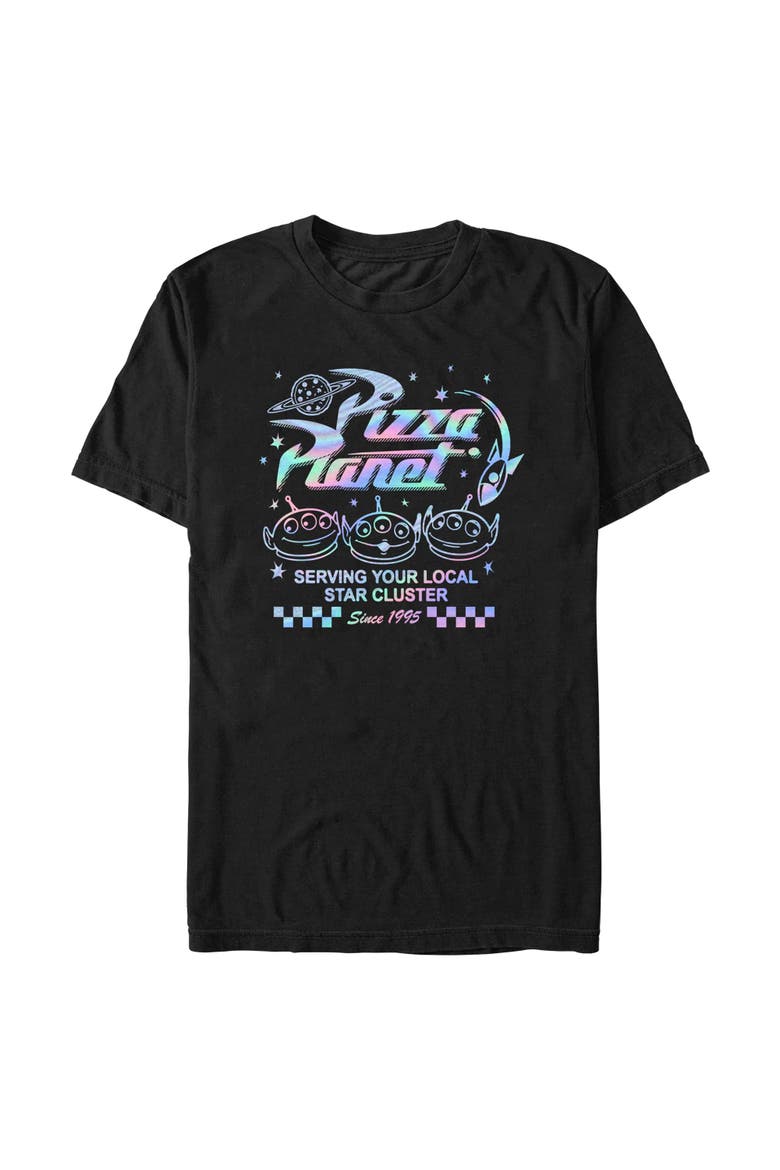 Men's Toy Story Holographic Pizza Planet Aliens  Graphic T-Shirt, Alternate, color, Black