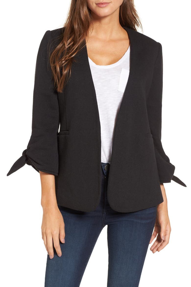 Tie Sleeve Knit Blazer, Main, color, BLACK