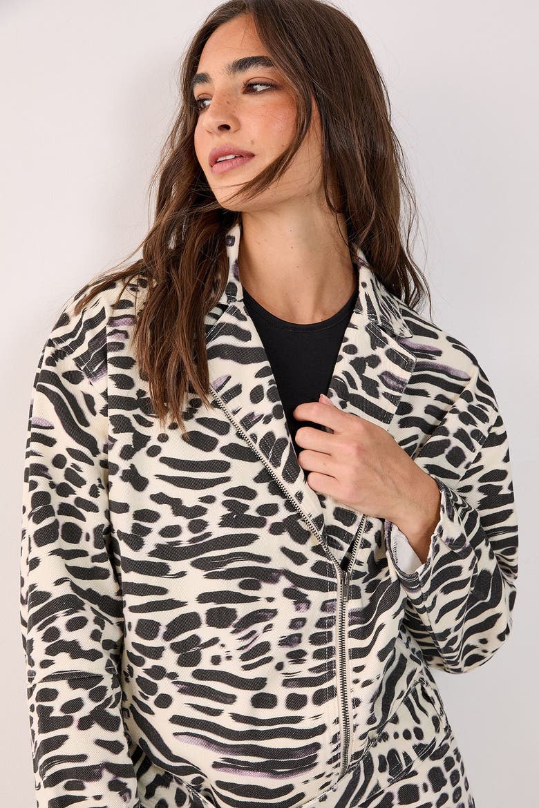 Denim Animal Print Biker Jacket, Alternate, color, White