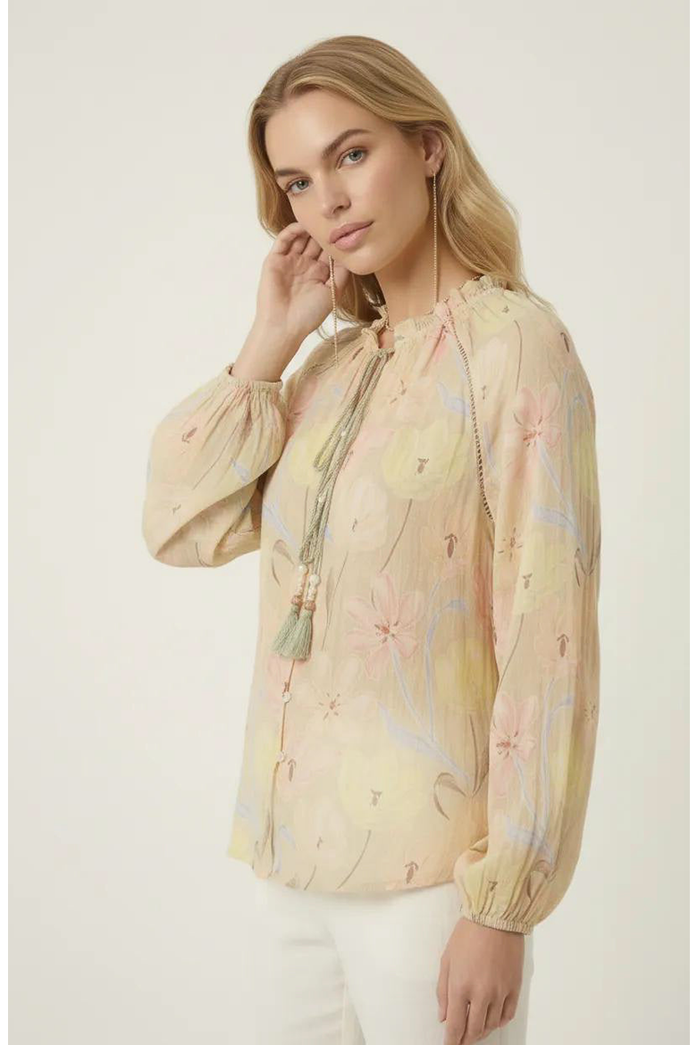 Floral Print Blouse with Tassel Tie Neck and Long Sleeve, Alternate, color, Beige Floral