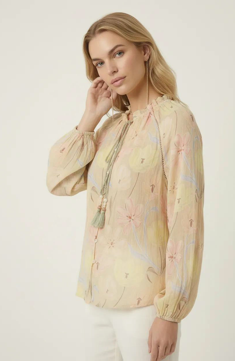 Modenaire Floral Print Blouse with Tassel Tie Neck and Long Sleeve, Alternate, color, Beige Floral