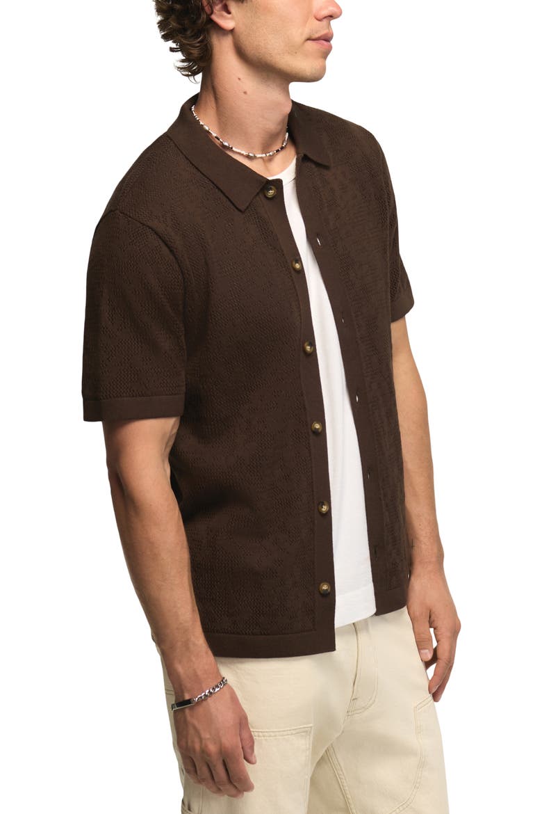 Openwork Knit Cotton Button-Up Shirt, Alternate, color, HOT FUDGE