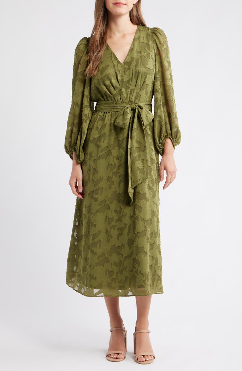 Anne Klein Floral Appliqué Long Sleeve Dress, Main, color, Hunter Olive