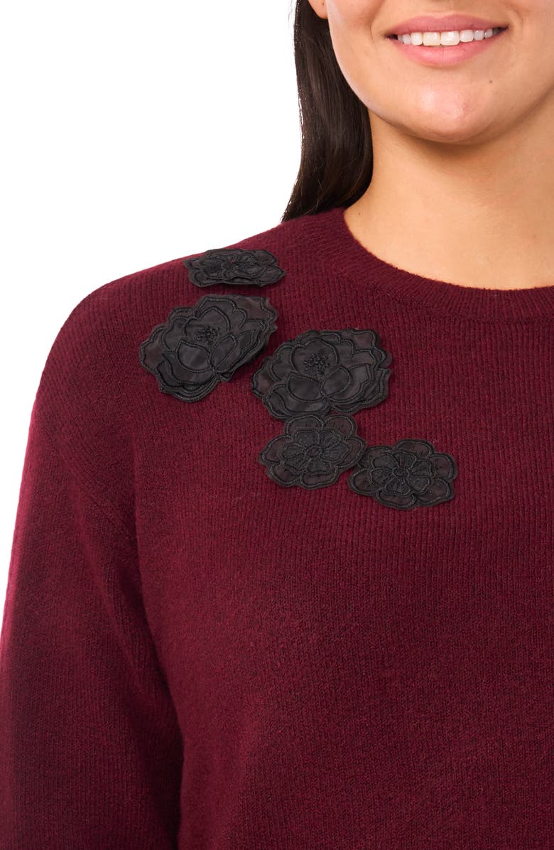 CeCe Floral Appliqué Crewneck Sweater, Alternate, color, Wine