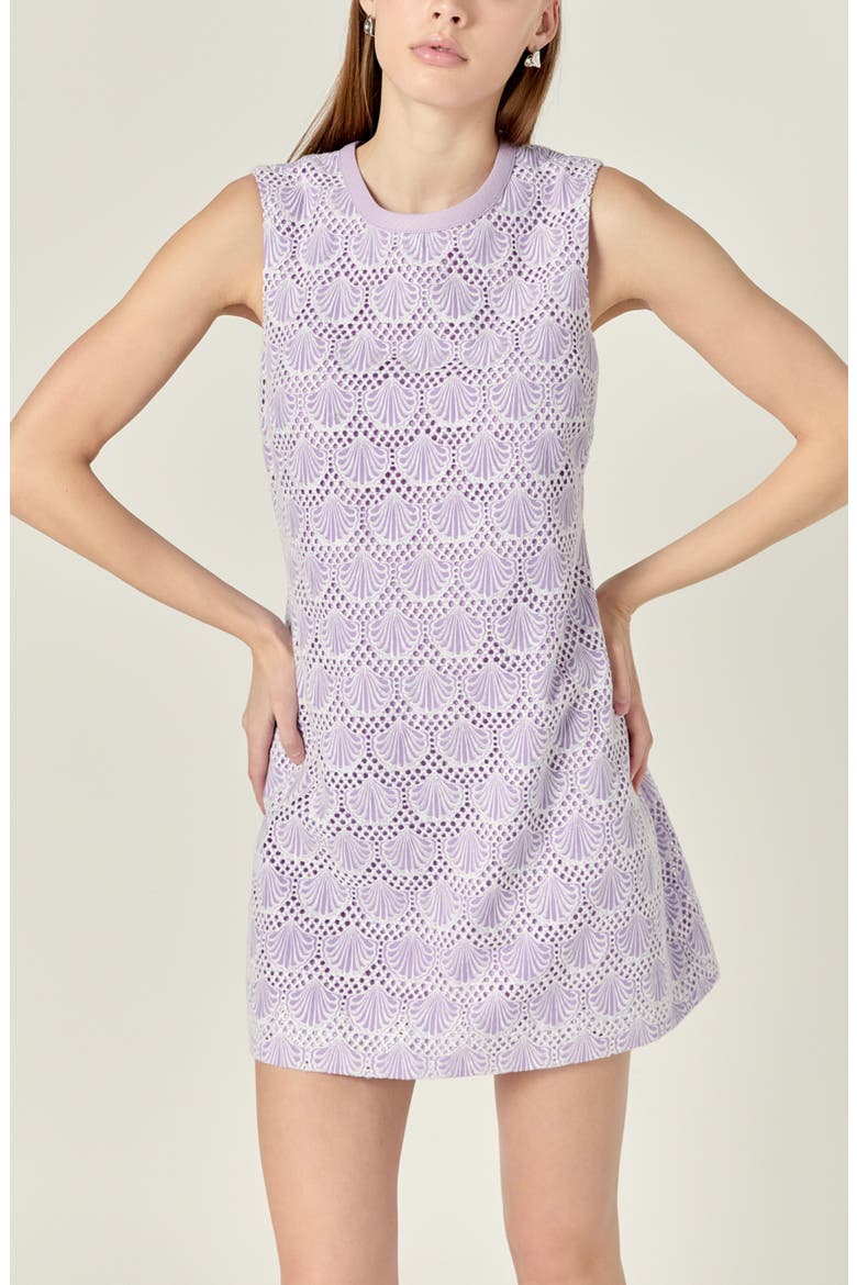 Shell Embroidered Knit Mini Shift Dress, Alternate, color, OFF WHITE/ LILAC
