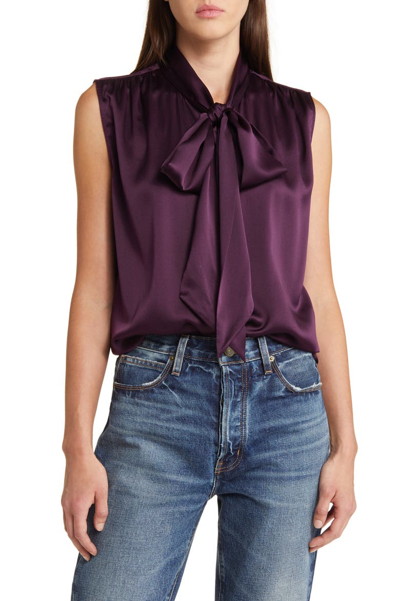 Femme Tie Neck Silk Blouse, Main, color, PLUM